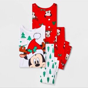 Toddler 4pc Mickey Cotton Long Sleeve Christmas Pajama Set - Red/Cream 5T